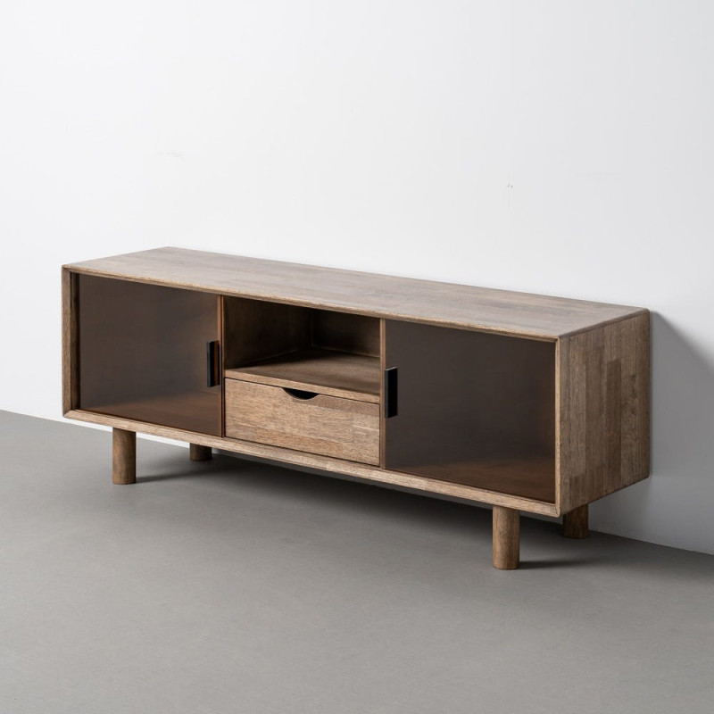 Meuble tv style mid-century moderne 2 portes 1 tiroir 1 niche Bois d'hévéa Marron Verre trempé Ambre Amy 