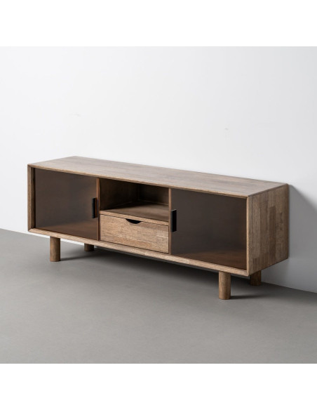 Meuble tv style mid-century moderne 2 portes 1 tiroir 1 niche Bois d'hévéa Marron Verre trempé Ambre Amy 