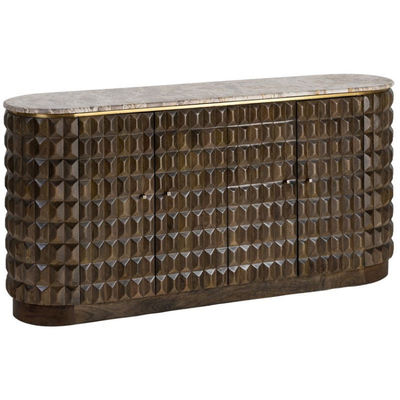 Grand Buffet design chic Bas 4 portes 154 cm Bois de manguier Marron foncé Marbre Beige Prisma 