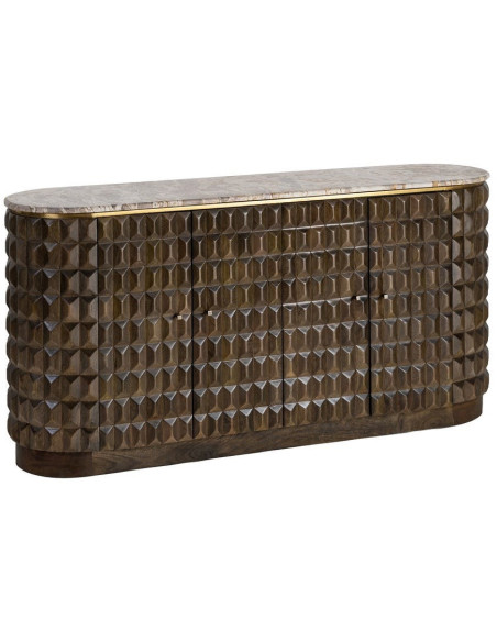 Grand Buffet design chic Bas 4 portes 154 cm Bois de manguier Marron foncé Marbre Beige Prisma 