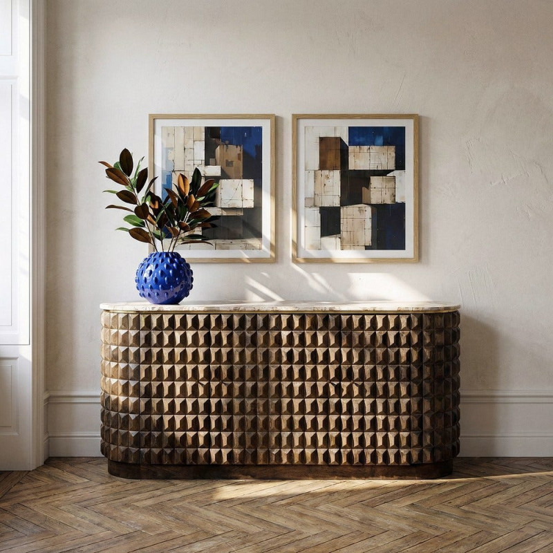 Grand Buffet design chic Bas 4 portes 154 cm Bois de manguier Marron foncé Marbre Beige Prisma 