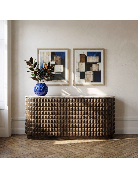 Grand Buffet design chic Bas 4 portes 154 cm Bois de manguier Marron foncé Marbre Beige Prisma 