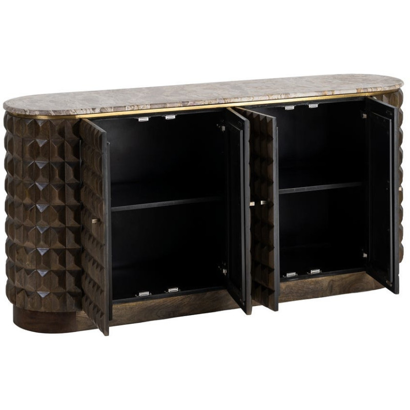 Grand Buffet design chic Bas 4 portes 154 cm Bois de manguier Marron foncé Marbre Beige Prisma 