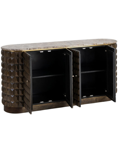 Grand Buffet design chic Bas 4 portes 154 cm Bois de manguier Marron foncé Marbre Beige Prisma 