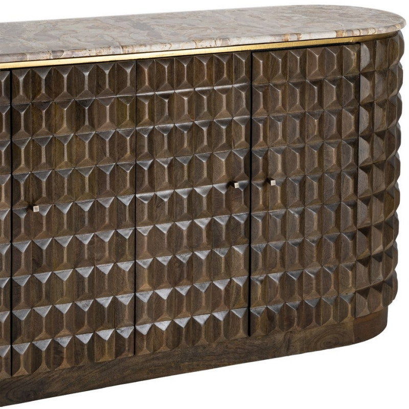 Grand Buffet design chic Bas 4 portes 154 cm Bois de manguier Marron foncé Marbre Beige Prisma 