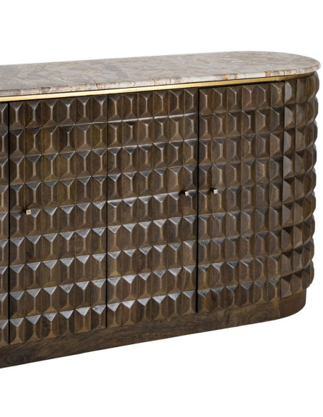 Grand Buffet design chic Bas 4 portes 154 cm Bois de manguier Marron foncé Marbre Beige Prisma 
