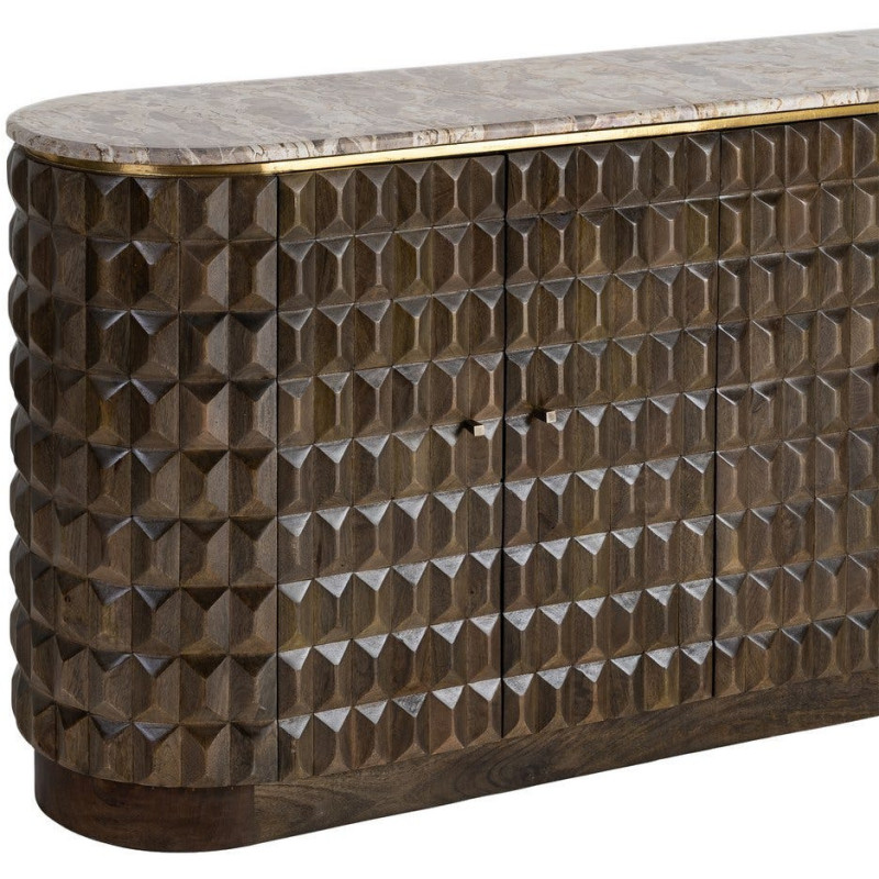 Grand Buffet design chic Bas 4 portes 154 cm Bois de manguier Marron foncé Marbre Beige Prisma 