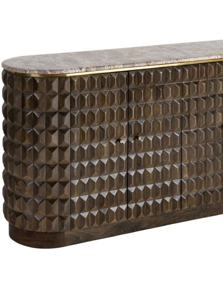 Grand Buffet design chic Bas 4 portes 154 cm Bois de manguier Marron foncé Marbre Beige Prisma 