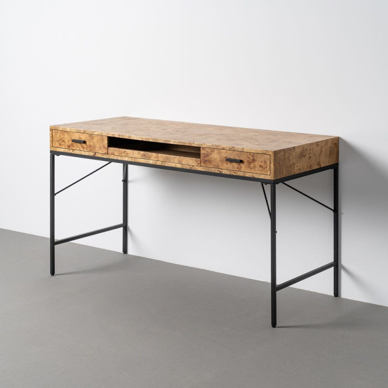 Bureau industriel chic 2 tiroir 1 niche coulissante Bois de sapin Vinyle Naturel Métal Noir Bois MDF Burkévia 