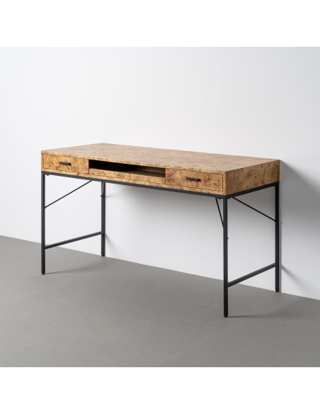 Bureau industriel chic 2 tiroir 1 niche coulissante Bois de sapin Vinyle Naturel Métal Noir Bois MDF Burkévia 