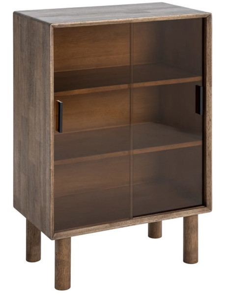 Buffet vitrine style mid-century moderne Bas 2 portes Bois d'hévéa Marron Verre trempé Ambre Amy 