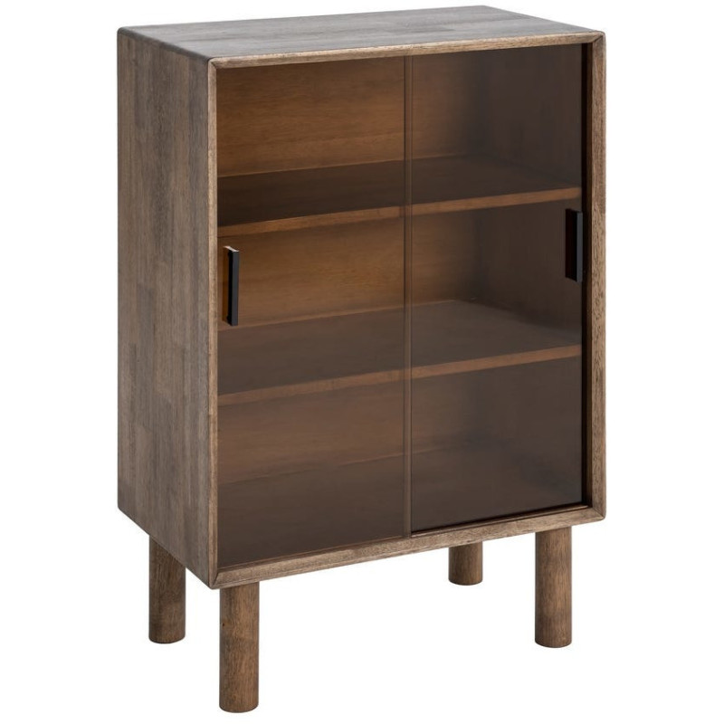 Buffet vitrine style mid-century moderne Bas 2 portes Bois d'hévéa Marron Verre trempé Ambre Amy 
