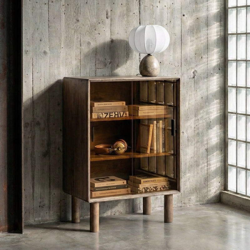 Buffet vitrine style mid-century moderne Bas 2 portes Bois d'hévéa Marron Verre trempé Ambre Amy 