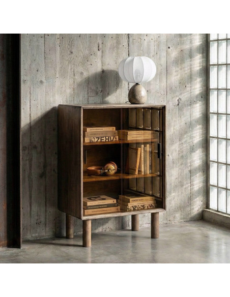 Buffet vitrine style mid-century moderne Bas 2 portes Bois d'hévéa Marron Verre trempé Ambre Amy 