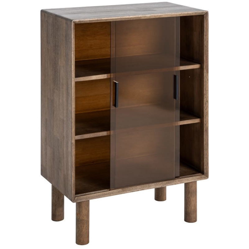 Buffet vitrine style mid-century moderne Bas 2 portes Bois d'hévéa Marron Verre trempé Ambre Amy 