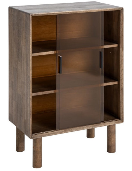 Buffet vitrine style mid-century moderne Bas 2 portes Bois d'hévéa Marron Verre trempé Ambre Amy 