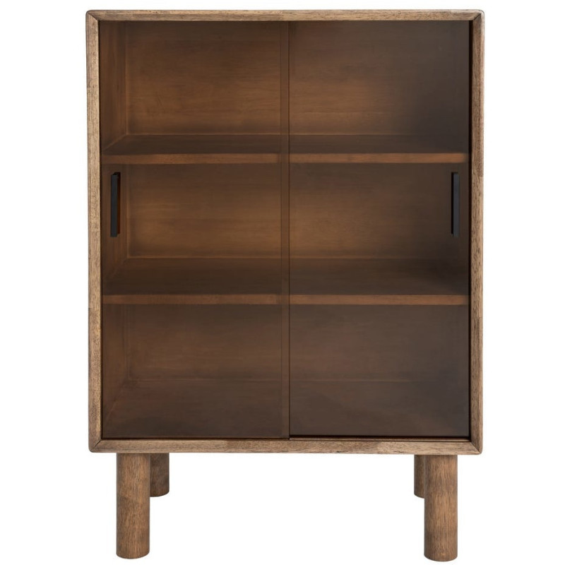 Buffet vitrine style mid-century moderne Bas 2 portes Bois d'hévéa Marron Verre trempé Ambre Amy 