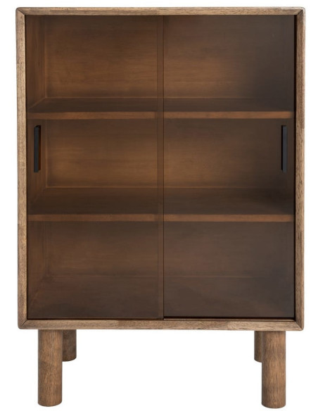 Buffet vitrine style mid-century moderne Bas 2 portes Bois d'hévéa Marron Verre trempé Ambre Amy 