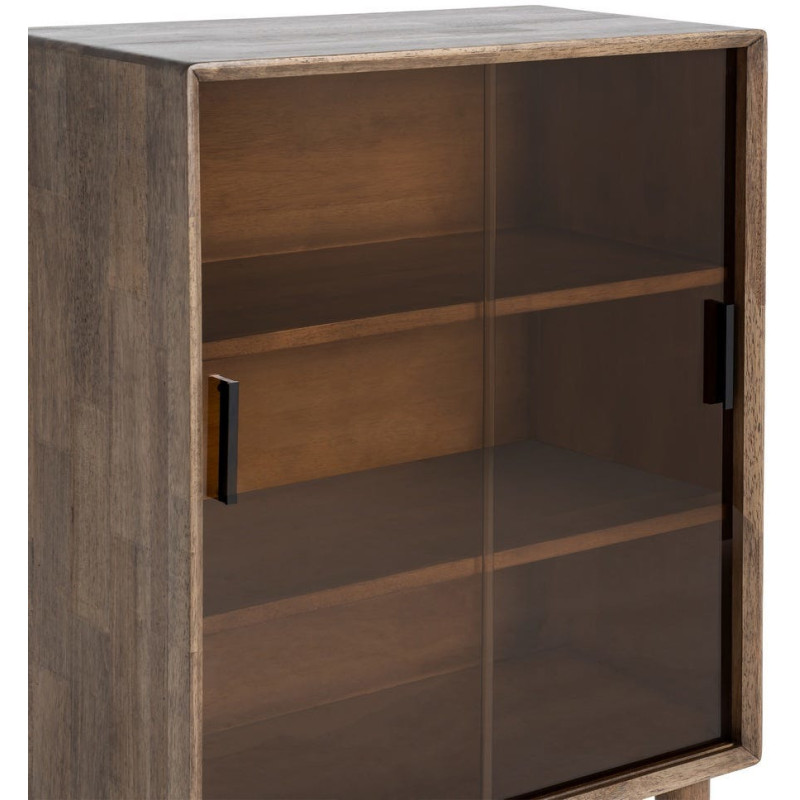 Buffet vitrine style mid-century moderne Bas 2 portes Bois d'hévéa Marron Verre trempé Ambre Amy 