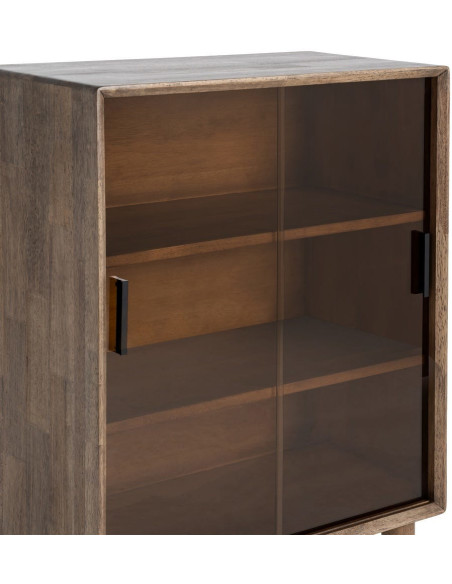 Buffet vitrine style mid-century moderne Bas 2 portes Bois d'hévéa Marron Verre trempé Ambre Amy 