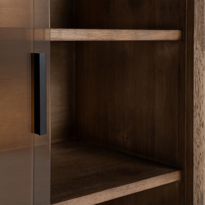Buffet vitrine style mid-century moderne Bas 2 portes Bois d'hévéa Marron Verre trempé Ambre Amy 