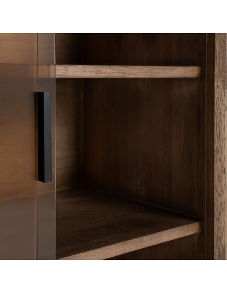 Buffet vitrine style mid-century moderne Bas 2 portes Bois d'hévéa Marron Verre trempé Ambre Amy 