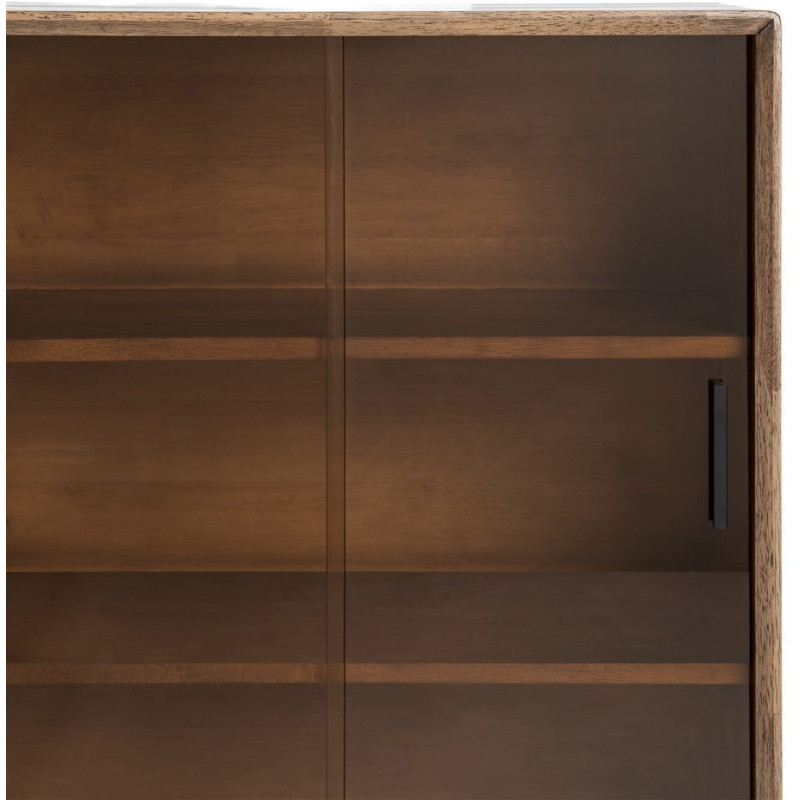 Buffet vitrine style mid-century moderne Bas 2 portes Bois d'hévéa Marron Verre trempé Ambre Amy 
