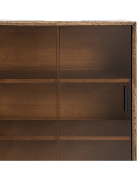 Buffet vitrine style mid-century moderne Bas 2 portes Bois d'hévéa Marron Verre trempé Ambre Amy 