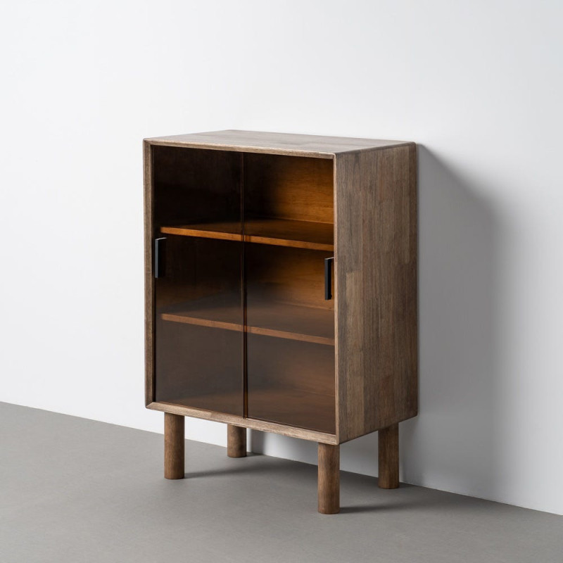 Buffet vitrine style mid-century moderne Bas 2 portes Bois d'hévéa Marron Verre trempé Ambre Amy 