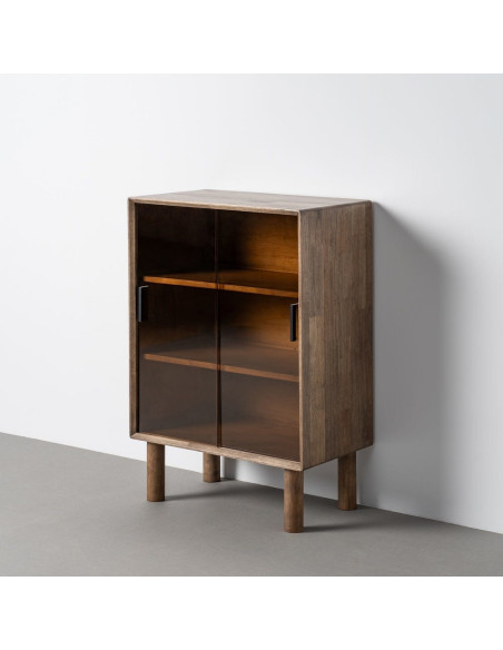 Buffet vitrine style mid-century moderne Bas 2 portes Bois d'hévéa Marron Verre trempé Ambre Amy 