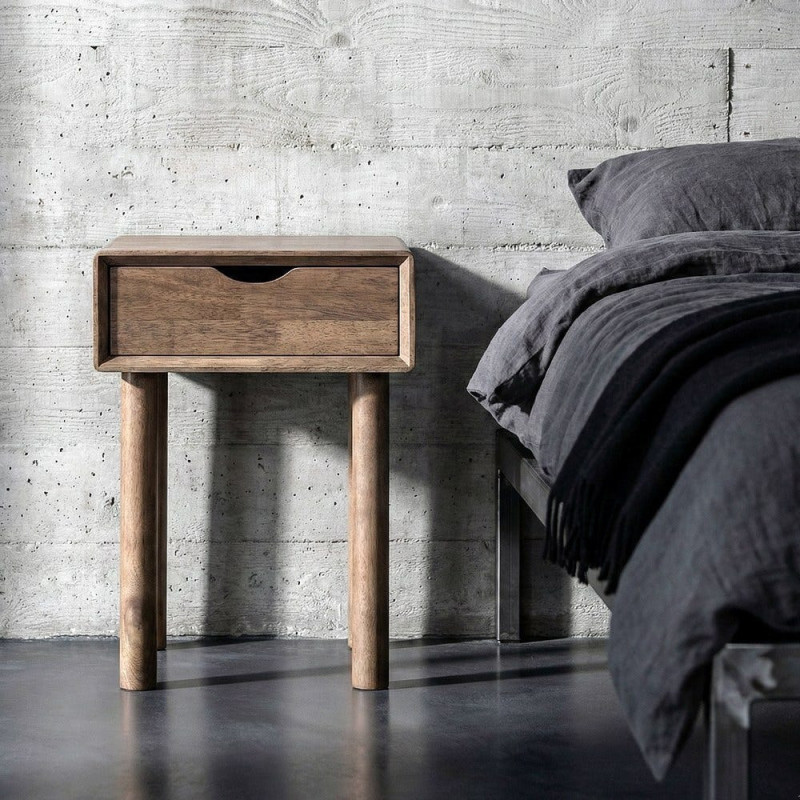 Table de chevet style mid-century moderne 1 tiroir Bois d'hévéa Marron Amy 