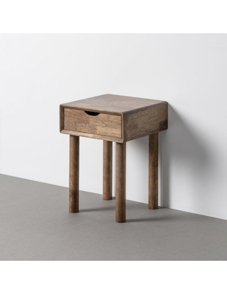 Table de chevet style mid-century moderne 1 tiroir Bois d'hévéa Marron Amy 