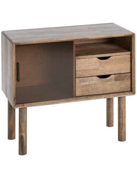 Buffet vitrine style mid-century moderne Bas 1 porte 2 tiroirs 1 niche Bois d'hévéa Marron Verre trempé Ambre Amy 