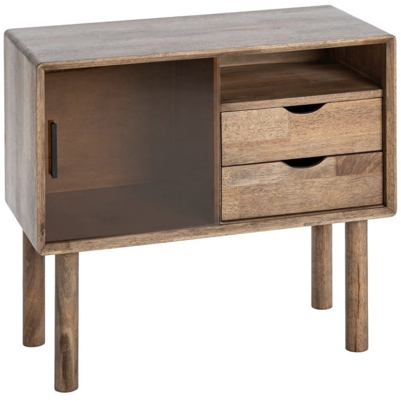 Buffet vitrine style mid-century moderne Bas 1 porte 2 tiroirs 1 niche Bois d'hévéa Marron Verre trempé Ambre Amy 