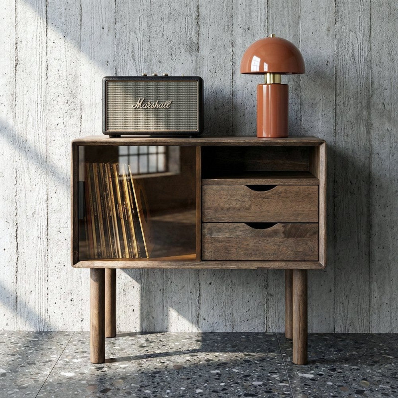 Buffet vitrine style mid-century moderne Bas 1 porte 2 tiroirs 1 niche Bois d'hévéa Marron Verre trempé Ambre Amy 