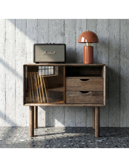 Buffet vitrine style mid-century moderne Bas 1 porte 2 tiroirs 1 niche Bois d'hévéa Marron Verre trempé Ambre Amy 