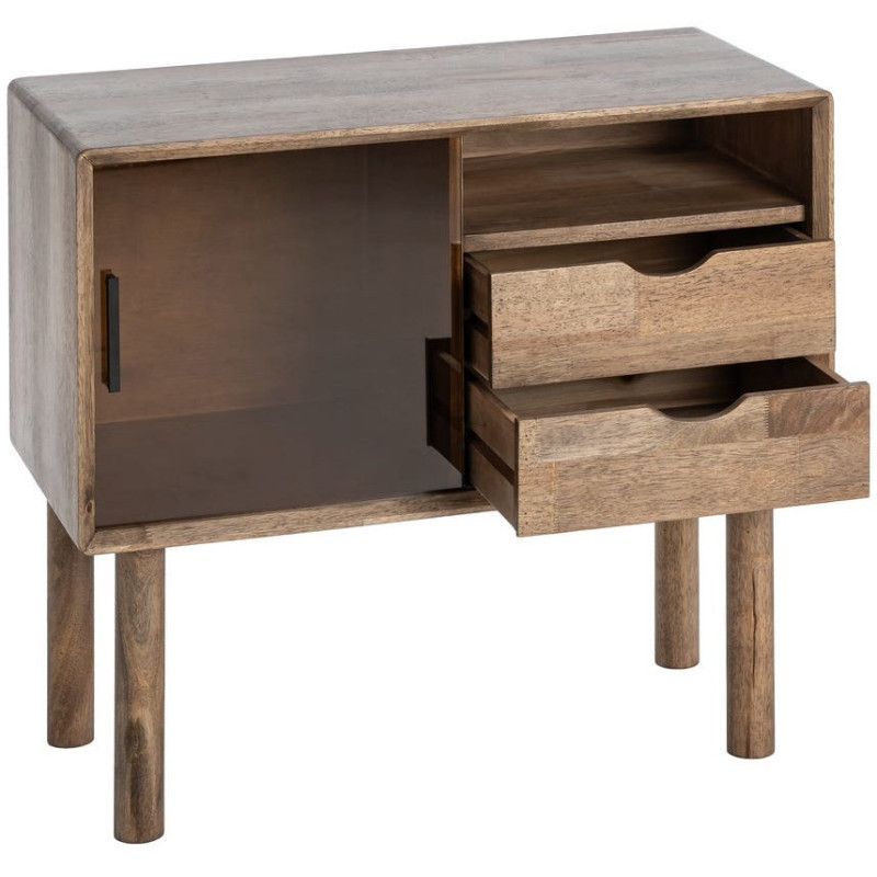 Buffet vitrine style mid-century moderne Bas 1 porte 2 tiroirs 1 niche Bois d'hévéa Marron Verre trempé Ambre Amy 
