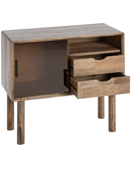 Buffet vitrine style mid-century moderne Bas 1 porte 2 tiroirs 1 niche Bois d'hévéa Marron Verre trempé Ambre Amy 