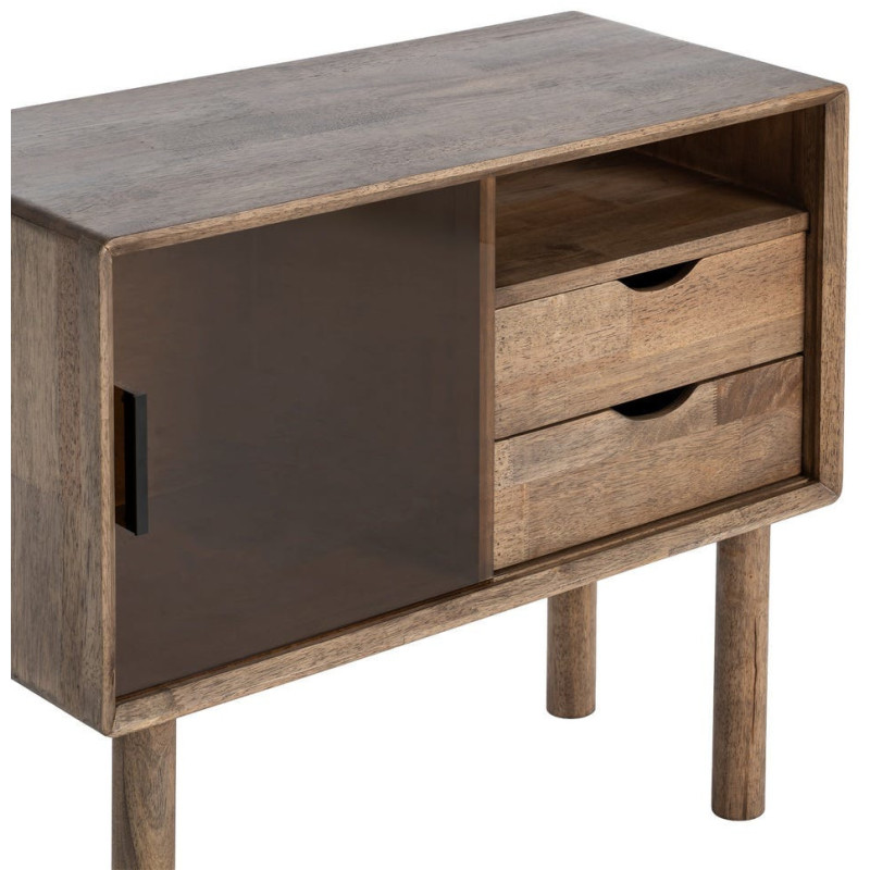 Buffet vitrine style mid-century moderne Bas 1 porte 2 tiroirs 1 niche Bois d'hévéa Marron Verre trempé Ambre Amy 