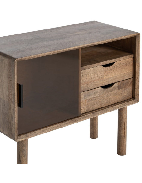 Buffet vitrine style mid-century moderne Bas 1 porte 2 tiroirs 1 niche Bois d'hévéa Marron Verre trempé Ambre Amy 