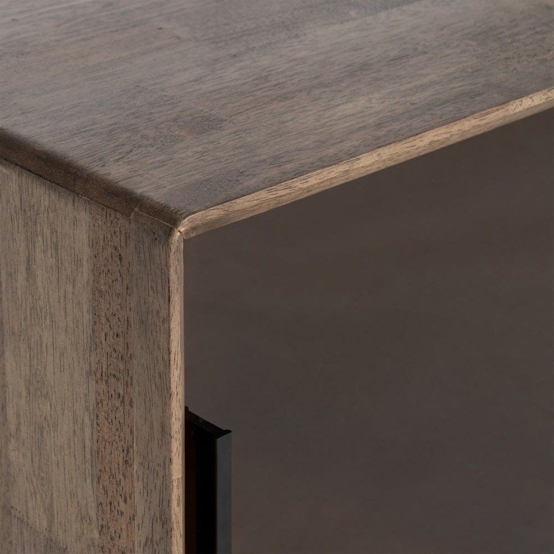 Buffet vitrine style mid-century moderne Bas 1 porte 2 tiroirs 1 niche Bois d'hévéa Marron Verre trempé Ambre Amy 