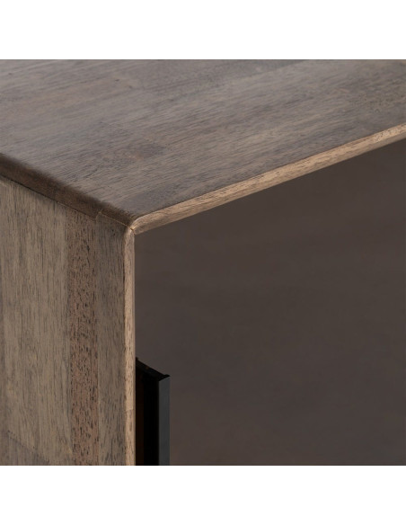 Buffet vitrine style mid-century moderne Bas 1 porte 2 tiroirs 1 niche Bois d'hévéa Marron Verre trempé Ambre Amy 