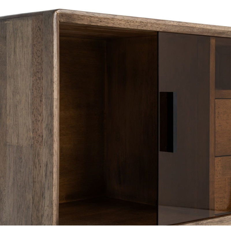 Buffet vitrine style mid-century moderne Bas 1 porte 2 tiroirs 1 niche Bois d'hévéa Marron Verre trempé Ambre Amy 