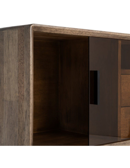 Buffet vitrine style mid-century moderne Bas 1 porte 2 tiroirs 1 niche Bois d'hévéa Marron Verre trempé Ambre Amy 