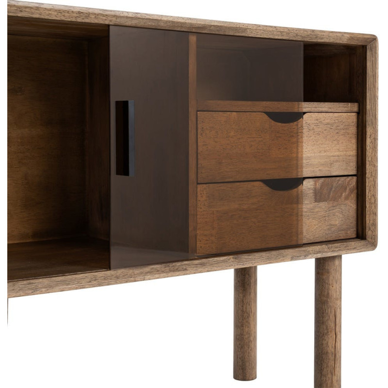 Buffet vitrine style mid-century moderne Bas 1 porte 2 tiroirs 1 niche Bois d'hévéa Marron Verre trempé Ambre Amy 