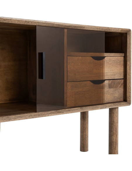 Buffet vitrine style mid-century moderne Bas 1 porte 2 tiroirs 1 niche Bois d'hévéa Marron Verre trempé Ambre Amy 