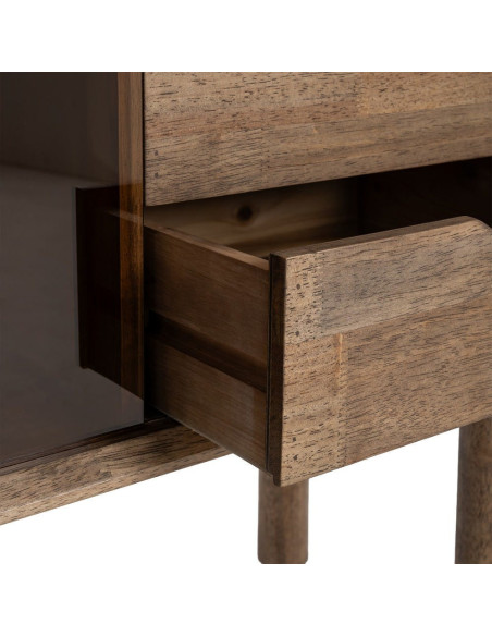 Buffet vitrine style mid-century moderne Bas 1 porte 2 tiroirs 1 niche Bois d'hévéa Marron Verre trempé Ambre Amy 