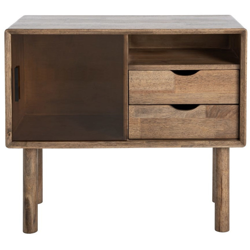 Buffet vitrine style mid-century moderne Bas 1 porte 2 tiroirs 1 niche Bois d'hévéa Marron Verre trempé Ambre Amy 