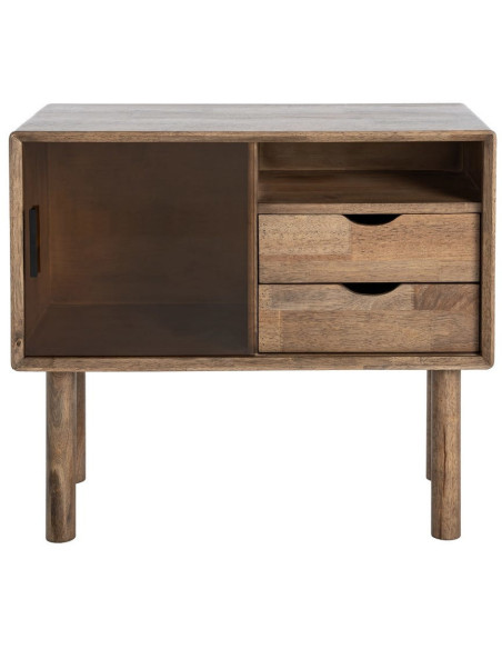 Buffet vitrine style mid-century moderne Bas 1 porte 2 tiroirs 1 niche Bois d'hévéa Marron Verre trempé Ambre Amy 