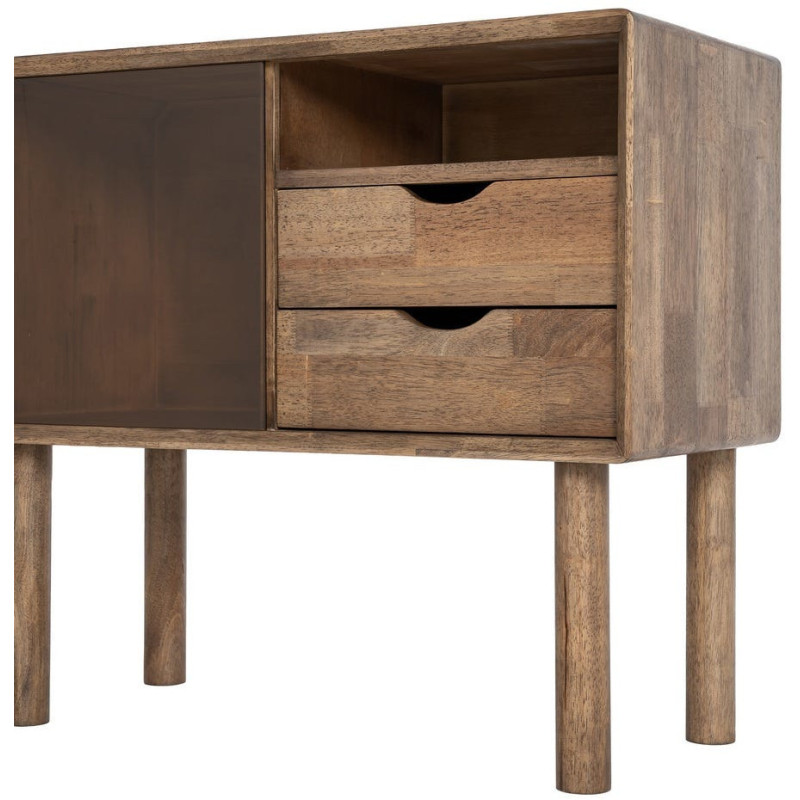 Buffet vitrine style mid-century moderne Bas 1 porte 2 tiroirs 1 niche Bois d'hévéa Marron Verre trempé Ambre Amy 
